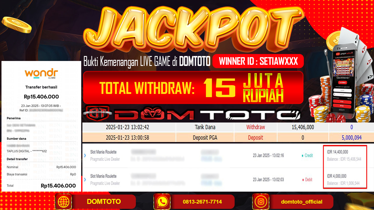 JACKPOT LIVE GAME SLOT MANIA ROULETTE 23 JANUARI 2025
